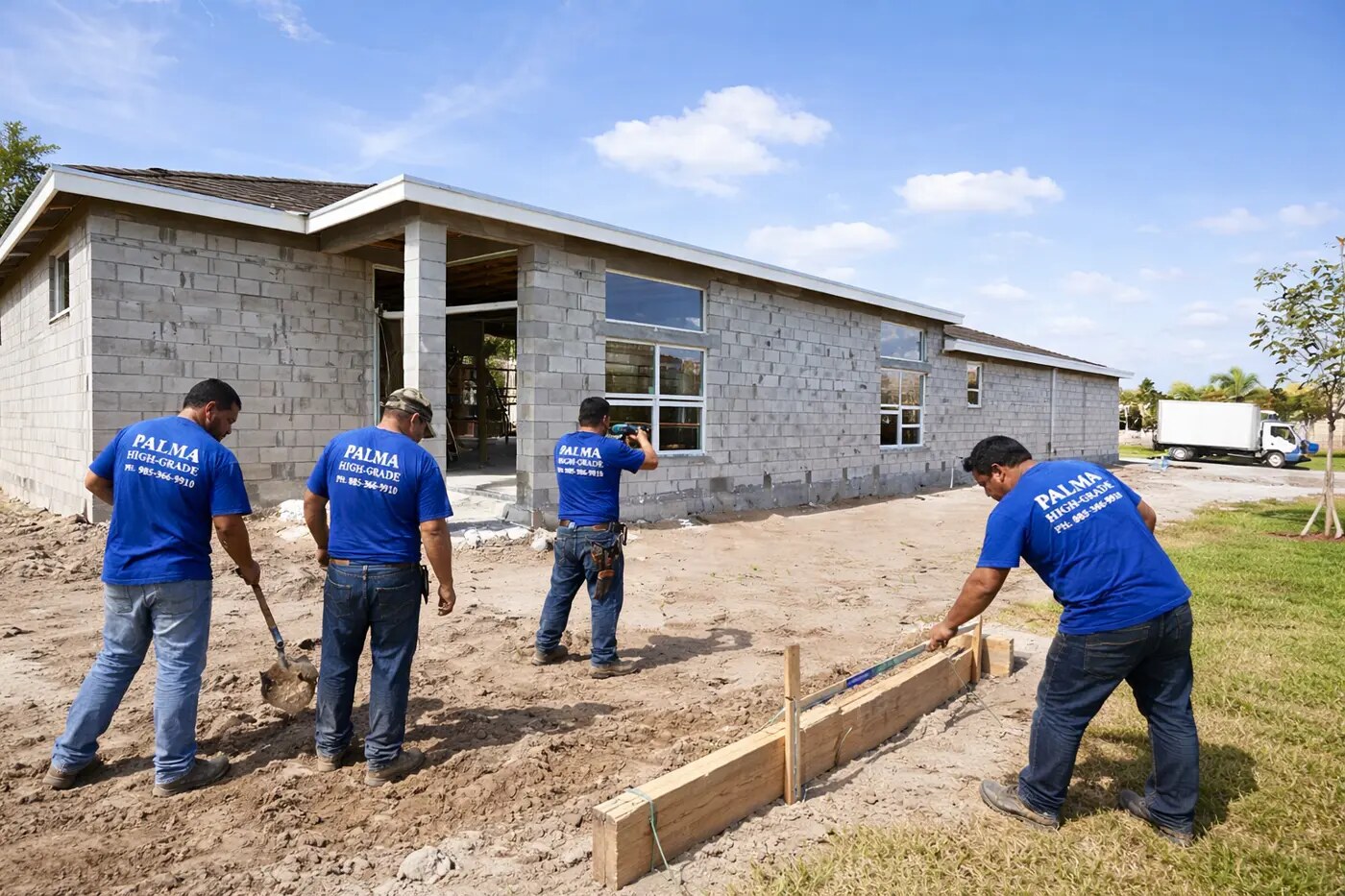 Block shell construction with field crew preparing site layout
